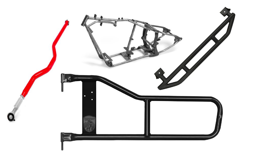 Bent tube parts: a red linkage, a motorcycle frame, a step bar and a tire carrier